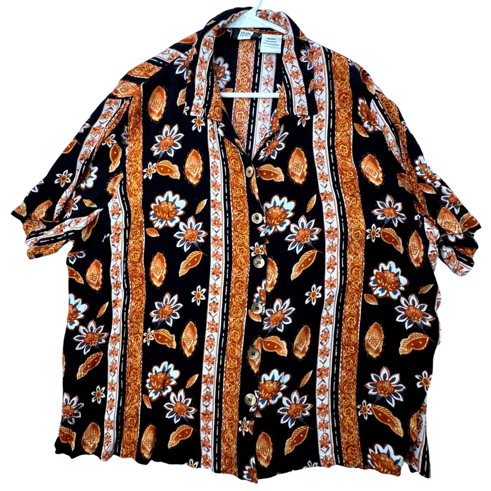 Studio 1940‎ Button Up Shirt Womens 18/20W Black Orange Floral Stripe Boho Retro